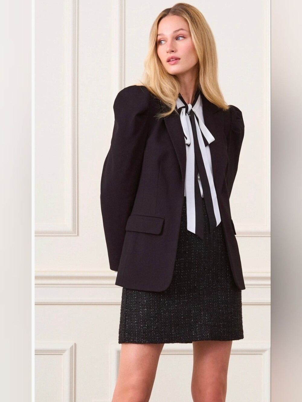 CeCe Puff Shoulder Open Front Ponte Blazer In Black Sz Large 12/14